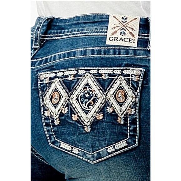 Grace in LA Women's Aztec Motif Embroidered Bootcut Stretch Jeans